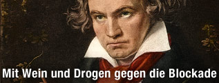 Gemälde von deutschem Komponist Ludwig van Beethoven beim Komponieren der Missa Solemnis, deren Partitur er in Händen hält