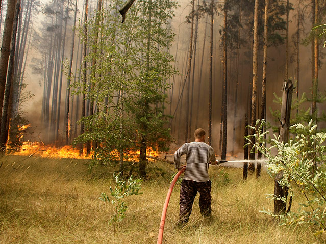 © AP/Mikhail Metzel Feuerwehrmann löscht Brand