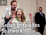 Peter Jordan als "Alfonso VIII., König von Kastilien", Yohanna Schwertfeger als "Rahel" und Jürgen Maurer als "Don Garceran" in Franz Grillparzers "Die Jüdin von Toledo"
