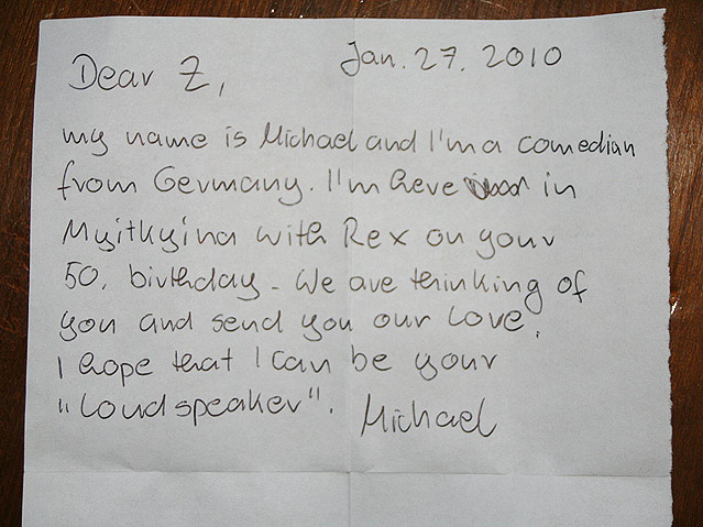 Foto von einem Brief von Michael Mittermeier an Zarganar