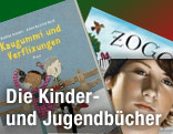 Buchcover von "Theo Boone und der unsichtbare Zeuge", "Kaugummi und Verflixungen" und "Zogg"