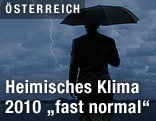 Mann mit Regenschirm im Gewitter