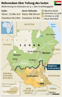 © APA/Margret Schmitt Karte Sudan mit Bevölkerung nach Religionszugehörigkeit und Ölfeldern