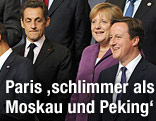 Frankreichs Präsident Nicolas Sarkozy, Deutschlands Bundeskanzlerin Angela Merkel und Großbritanniens Premier David Cameron