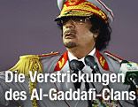 Der libyische Staatsführer Muammar Al-Gaddafi in Uniform vor Rednerpult