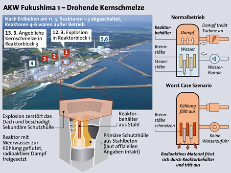 © APA/Walter Longauer Schematische Darstellung Kernschmelze, beschädigter Reaktor, Factbox zum AKW
