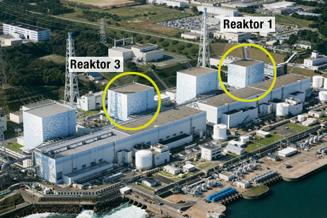 © Reuters/Kyodo (Montage) Archivbild des Atomkraftwerkes Fukushima mit den betroffenen Reaktoren