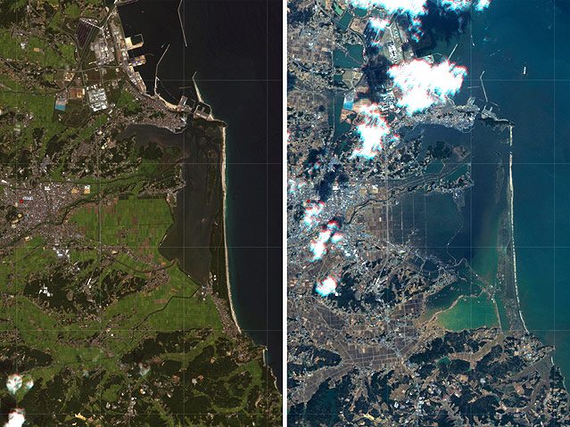 © dapd/DLR/DFD/ZKI Satellitenbild zeigt Region um den Ort Soma vor und nach dem Tsumnami