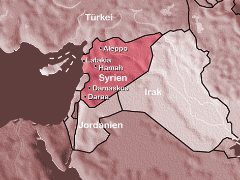 © Graphi-Ogre/ORF.at (Montage) Karte Syriens mit den eingezeichneten Orten Aleppo, Latakia, Hamah, Damaskus und Daraa