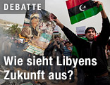 Ein Libyscher Demonstrant verbrennt ein Poster von Staatschefs Muammar al-Gaddafi