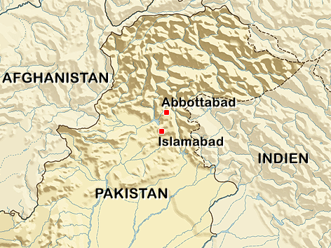 Eine Grafik zeigt eine Karte Pakistans mit der Haupstadt Islamabad und Abbottabad.