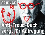 Buchcover von "Anti Freud. Die Psychoanalyse wird entzaubert" zeigt Sigmund Freud mit aufgemalten Hörnern und Zunge