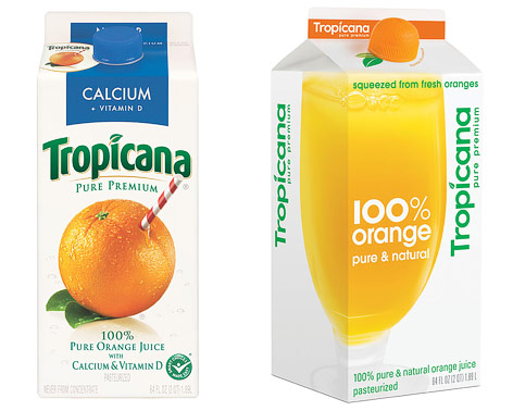 © AP/PRNewsFoto/Tropicana Products, Inc. (Montage) Altes und neues Verpackungsdesign von Tropicana Orangensaft