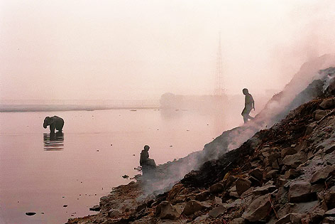 © APA/EPA/Douglas E. Curran Silhoutten zweier Männer und Elefanten am Yamuna-Fluss bei Neu Delhi, die Landschaft ist in Smognebel gehüllt