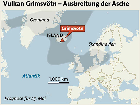 Grafik zur Ausbreitung der Aschewolke über Europa