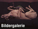Polaroid-Foto von William Wegman: Hund liegt auf dem Rücken auf einer Couch, eine Dinosaurier-Spielfigur auf seinem Bauch