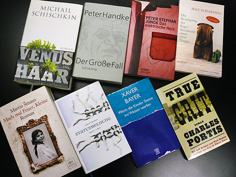 © ORF.at/Doris Rauh Buchcover: Portis "True Grit", Bayer "Wenn Kinder ...", Burstein "Statusmeldungen", Smaus "Mach mal ...", Scharnigg "Die Besteigung ...", Jungk "Das elektrische Herz" und Handke "Der große Fall"