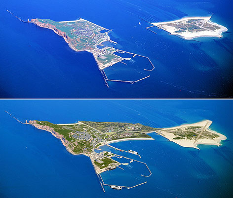 © APA/dpa/Hc Hagemann Die Bildkombo mit zwei Computersimulationen zeigt die Hochseeinsel Helgoland vor und nach der geplanten Sandaufspülung