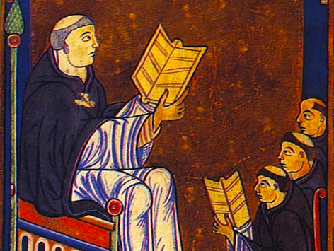 © Commons Miniatur die den heiligen Hugo von Sankt Viktor mit aufgeschlagenem Buch von einer Gruppe von Mönchen zeigt