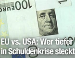 Das Gesicht von Benjamin Franklin auf der 100-US-Dollar-Note wird von vier 100-Euro-Geldscheinen umrahmt