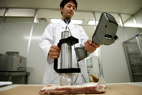 © Reuters/Yuriko Nakao Ein Stück japanisches Rindfleisch wird auf Radioaktivität untersucht