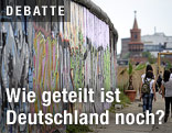 Junge Menschen gehen an der East Side Gallery in Berlin an der Berliner Mauer entlang