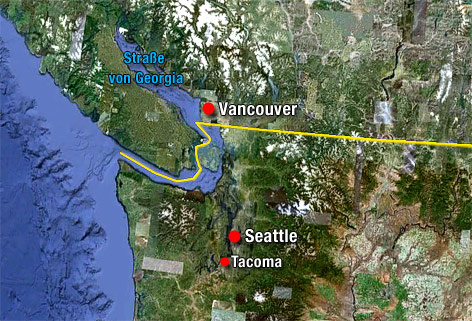 © Google Earth; ORF.at (Montage) Landkarte zeigt die Grenze USA - Kanada sowie die Städte Seattle, Vancouver und Tacoma