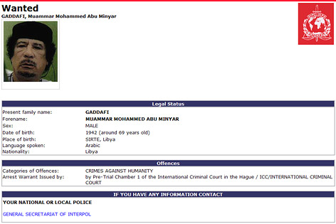 © interpol.int (Screenshot) Steckbrief von Miammar al-Gaddafi auf der Interpol-Website
