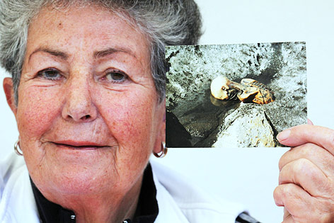 © APA/dpa/Daniel Karmann Erika Simon zeigt in Nürnberg das erste Bild das ihr Mann beim Fund der Gletschermumie aufgenommen hatte