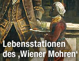 Das Gartenpalais Liechtenstein in Wien, rechts der Fürst mit seinem "Hofmohren", 1759/60, von Bernardo Bellotto