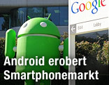 Android-Männchen vor Google-Logo