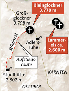 © APA/M. Hirsch Karte Glocknergebiet, Aufstiegsroute und Fundorte der verunglückten Bergsteiger