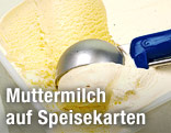 Eisportionierer schöpft Vanilleeis aus einem Behälter