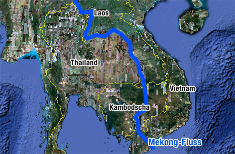 © Google Earth; ORF.at (Montage) Landkarte zeigt Thailand, Kambodscha, Laos, Vietnam und den Mekong-Fluss