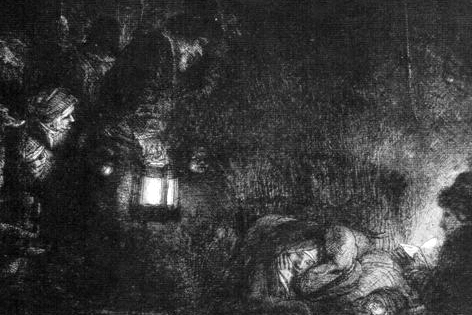 © . Die Anbetung der Hirten Kaltnadelradierung von Rembrandt 1652