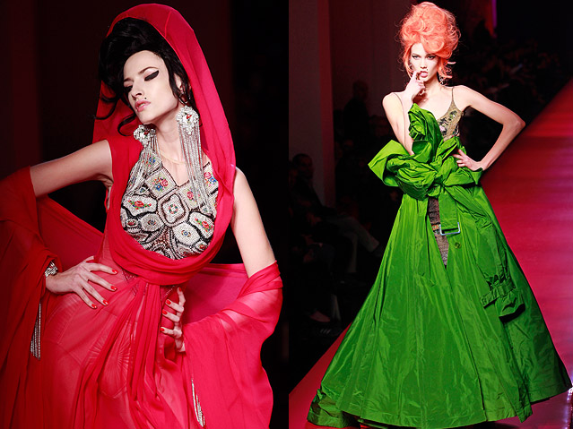 © APA/EPA/Ian Langsdon Models tragen ein rotes und ein grünes Kleid von Jean-Paul Gaultier