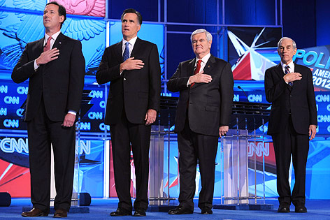 © APA/EPA/Erik S. Lesser Die republikanischen Präsidentschaftskandidaten Rick Santorum, Mitt Romney, Newt Gingrich und Ron Paul