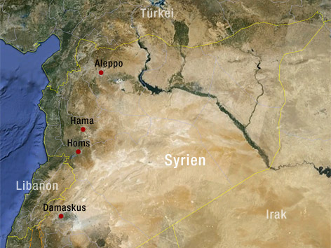 © Google Earth (Montage ORF.at) Eine Karte von Syrien mit den Städten Homs, Damaskus, Hama und Aleppo