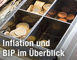 Geldscheine und Münzen in einer Kassenlade