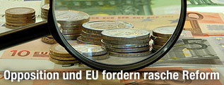 Blick durch eine Lupe auf Euro-Scheine und -M&uuml;nzen