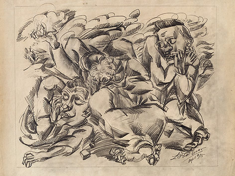 © Winfried Flammann, Karlsruhe; Ludwig Meidner-Archiv, Jüdisches Museum der Stadt Frankfurt am Main Die Zeichnung "Drei Klagende in der Apokalyptischen Landschaft" von Ludwig Meidner