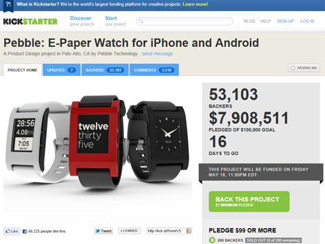 © Screenshot von kickstarter.com (Montage) Pebble E-Paper-Uhren auf einem Screenshot von kickstarter.com