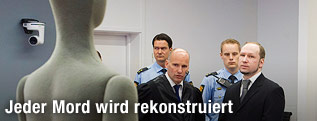 Anders Behring Breivik und sein Verteidiger Geir Lippestad schauen auf eine Dummy-Puppe