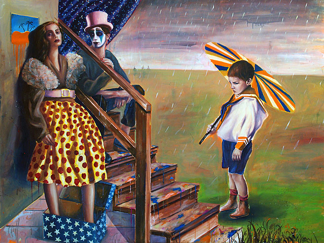 Bub mit Regenschirm steht neben einer Frau und einem Clown: Bernhard Buhmann, Umbrella, 2008 