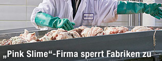 Arbeiter an einem Förderband mit Fleisch