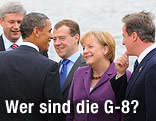 Kanadas Premierminister Stephen Harper, US-Präsident Barack Obama, Russlands Präsident Dmitri Medwedew, Deutschlands Kanzlerin Angela Merkel und der britische Premier David Cameron