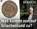 Straßenszene mit überdimensionaler Drachme
