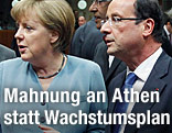 Die deutsche Bundeskanzlerin Angela Merkel steht neben Frankreichs Pr&auml;sident Francois Hollande