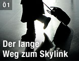 Füße einer Person, die einen Koffer hinter sich her zieht