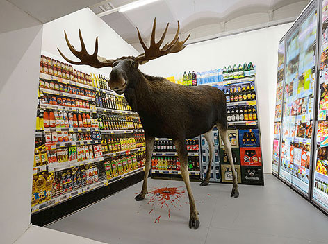 Präparierter Elch zwischen Supermarktregalen